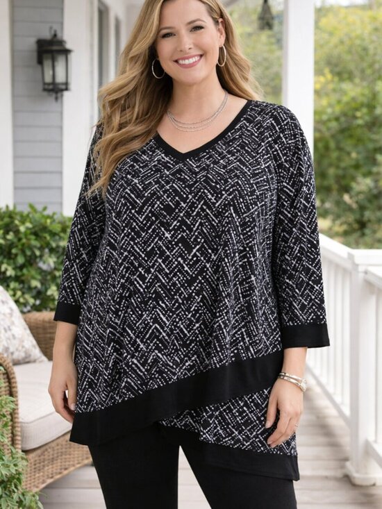 Catherines Tops - Catherines 2X Black White Geometric Tunic Top Stretch V-Neck Plus Size